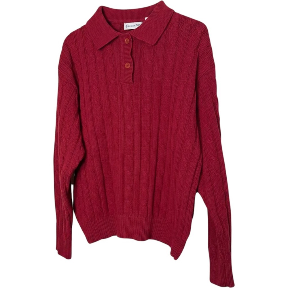 Vintage Carriage Court Red Cable Knit Polo Sweater Womens Medium Long Sleeve